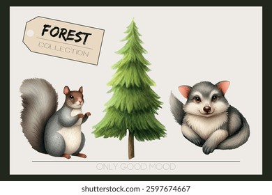 A unique collection of forest animals, trees, and leaves for creative branding, prints, and digital design