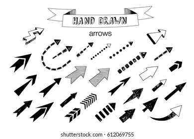 Unique collection of hand drawn arrows. Vector design elements for your design.