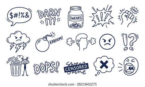 Unique collection of hand drawn elements representing negative emotions and stress including a bomb with lit fuse angry faces censorship labels and trash bins filled with bad words ideal for editorial content blogs and psychology related graphic design projects in blue ink.