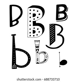 Unique collection of hand drawn letter B with doodle ornament. Cute lettering boho style script. ABC latin alphabet.