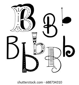 Unique collection of hand drawn letter B with doodle ornament. Cute lettering boho style script. ABC latin alphabet.