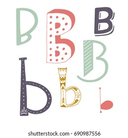 Unique collection of hand drawn letter B with doodle ornament. Cute lettering boho style script. ABC latin alphabet.