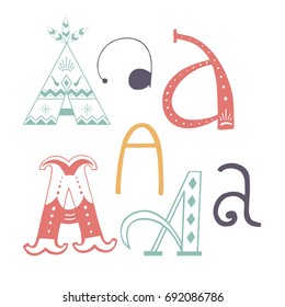 Unique collection of hand drawn letter A with doodle ornament. Cute lettering boho style script. ABC latin alphabet.