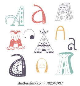 Unique collection of hand drawn letter A with doodle ornament. Cute lettering boho style script. ABC latin alphabet.