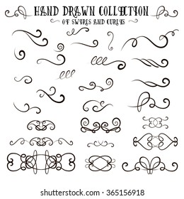 Unique collection of hand drawn swirls and curles. Unique romantic design element for wedding cards, in invitations and save the date cards.