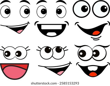 A unique collection of hand-drawn faces featuring a variety of expressions and emotions, created in a bold, minimalist style. Each face is distinct, with different facial features and characteristics