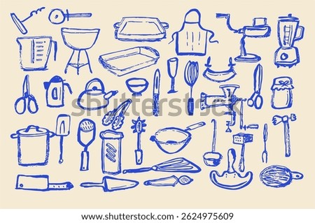 Unique collection of kitchen utensils, showcasing essential and specialized cooking tools, blending classic and modern elements with handcrafted details. Perfect for gourmet chefs, home cooks.