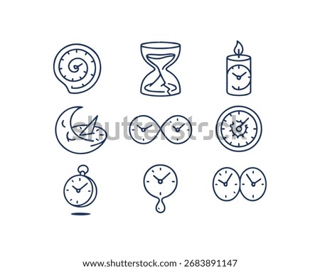 A unique collection of nine hand-drawn time icons including sundials hourglasses clocks and watches perfect for illustrating concepts of time passage and history.