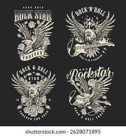 Unique collection of rock and roll graphics showcasing eagles roses and guitars. Perfect for music lovers and fans of hard rock style. An artistic representation of rock culture.