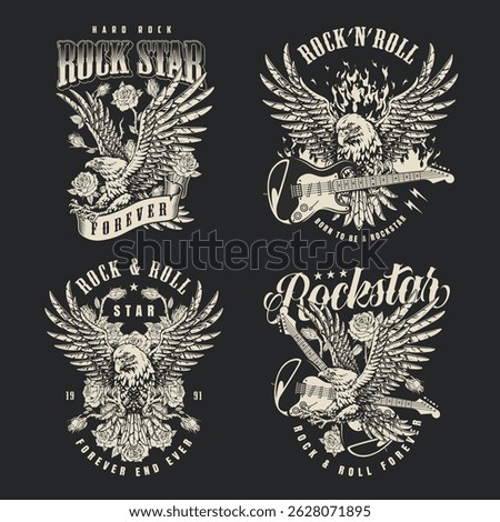 Unique collection of rock and roll graphics showcasing eagles roses and guitars. Perfect for music lovers and fans of hard rock style. An artistic representation of rock culture.