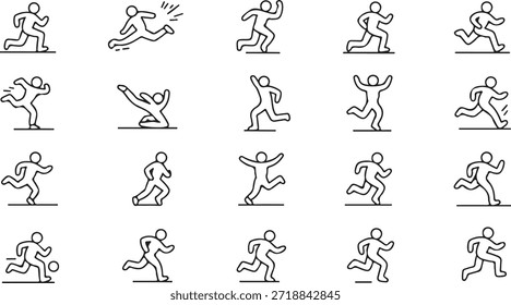 Unique collection showcases twenty minimal stick figure runners engaged in varied actions like running, kicking, and celebrating, rendered as line figures over transparent canvas.