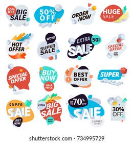 Unique collection of stickers and badges for sale, product promotion, special offer, shopping. Isolated vector illustrations for web design and marketing material.