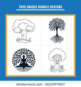 A unique collection of tree designs, including hand-drawn, rooted, spiritual, and whimsical styles, perfect for diverse graphic projects.