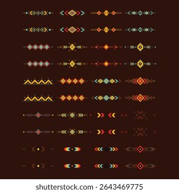 A unique collection of tribal-inspired border elements and ornamental dividers in flat, illustrative style. Featuring Aztec and Navajo patterns, ethnic motifs, and geometric accents—perfect for presen