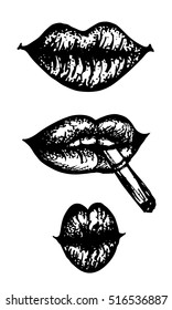 Unique collection of vector black and white lips Set of sketch illustration in engraving style isolated