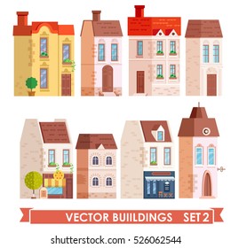 Unique Collection of vector buildings for creating your own city street background. Vector flat illustration, flat style.City constructor series.