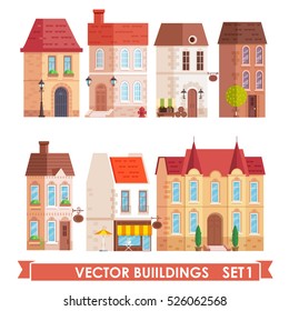 Unique Collection of vector buildings for creating your own city street background. Vector flat illustration, flat style.City constructor series.