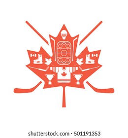 A unique collection of vector icons that create a larger maple leaf with crossed hockey sticks in the background. Elements include skates, sticks, trophies, and a Canadian jersey.