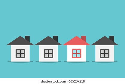 Unique color small house in row of many gray ones on turquoise blue. Choice, search, home, real estate and housing concept. Flat design. EPS 8 vector illustration, no transparency, no gradients