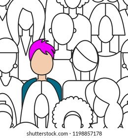 Unique color woman in black and white crowd. Vector seamless pattern   crowd of girls with one special