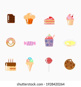 unique colored icon of dessert, ice cream, cakes, candy, etc