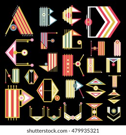 Unique colorful alphabet in modern flat design, made of simple geometrical shapes. Beautiful isolated capital latin letters from A to Z. Vector illustration, typographic poster.