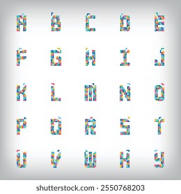 Unique colorful alphabet set pixel style. Editable vector design.