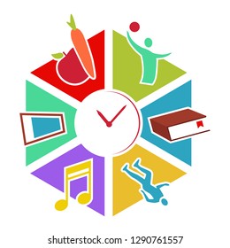 Unique and colorful design of icons chart showing the daily life schedule of a person should be like this, water, food, fruits, music, sports, reading and other activities for healthy and happy life.