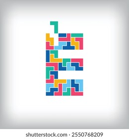 Unique colorful letter E falling pixel style. Editable vector design. Alphabets are related to each other.