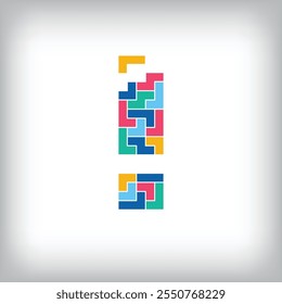 Unique colorful letter exclamation mark falling pixel style. Editable vector design. Alphabets are related to each other.