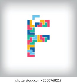 Unique colorful letter F falling pixel style. Editable vector design. Alphabets are related to each other.