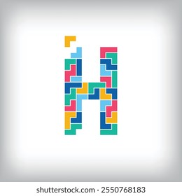 Unique colorful letter H falling pixel style. Editable vector design. Alphabets are related to each other.