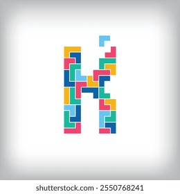 Unique colorful letter K falling pixel style. Editable vector design. Alphabets are related to each other.