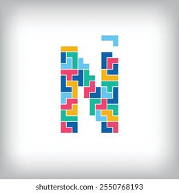 Unique colorful letter N falling pixel style. Editable vector design. Alphabets are related to each other.