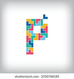 Unique colorful letter P falling pixel style. Editable vector design. Alphabets are related to each other.