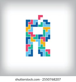 Unique colorful letter R falling pixel style. Editable vector design. Alphabets are related to each other.