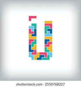 Unique colorful letter U falling pixel style. Editable vector design. Alphabets are related to each other.