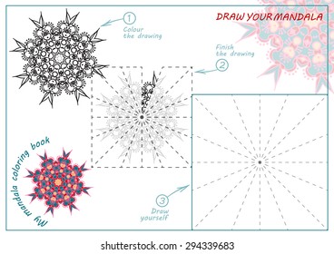 Unique coloring book, rectangular A4 page. Hand drawing zentangle color element. Flower mandala. Vector illustration. Best to older children and adult, who like line art