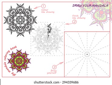 Unique coloring book, rectangular A4 page. Hand drawing zentangle color element. Flower mandala. Vector illustration. Best to older children and adult, who like line art