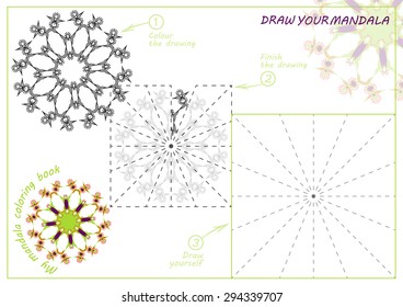 Unique coloring book, rectangular A4 page. Hand drawing zentangle color element. Flower mandala. Vector illustration. Best to older children and adult, who like line art