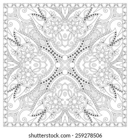 unique coloring book square page for adults - floral authentic carpet design, joy to older children and adult colorists, who like line art and creation, vector illustration