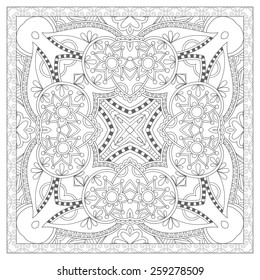 unique coloring book square page for adults - floral authentic carpet design, joy to older children and adult colorists, who like line art and creation, vector illustration