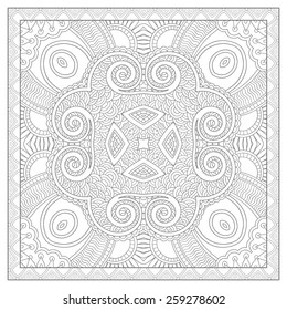 unique coloring book square page for adults - ethnic floral carpet design, joy to older children and adult colorists, who like line art and creation, vector illustration