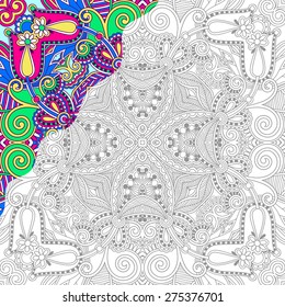 unique coloring book square page for adults - floral authentic carpet design, joy to older children and adult colorists, who like line art and creation, vector illustration