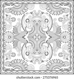 unique coloring book square page for adults - floral authentic carpet design, joy to older children and adult colorists, who like line art and creation, vector illustration