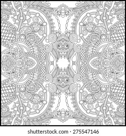 unique coloring book square page for adults - floral authentic carpet design, joy to older children and adult colorists, who like line art and creation, vector illustration