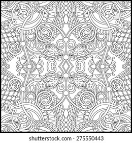 unique coloring book square page for adults - floral authentic carpet design, joy to older children and adult colorists, who like line art and creation, vector illustration