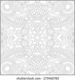 unique coloring book square page for adults - floral authentic carpet design, joy to older children and adult colorists, who like line art and creation, vector illustration