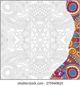 unique coloring book square page for adults - floral authentic carpet design, joy to older children and adult colorists, who like line art and creation, vector illustration