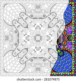 unique coloring book square page for adults - floral authentic carpet design, joy to older children and adult colorists, who like line art and creation, vector illustration